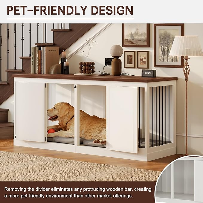 Dog Crate Furniture - Indoor Wooden Dog Kennel Furniture with Room Divider - 71"x23.6"x31.5"H, White