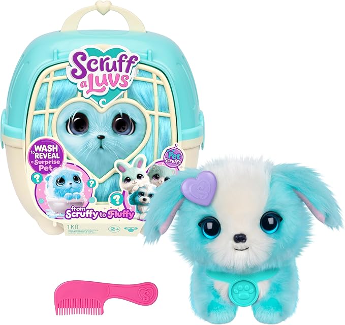 SCRUFFALUVS Blue Surprise Pet, Mystery Plush Toys, Stuffed Animals, Wash to Reveal 1 of 3 Rescue Pets: Puppy, Bunny, or Kitty - Includes 8.7" Deluxe Pet Carrier - Styles May Vary