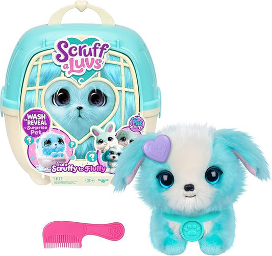 SCRUFFALUVS Blue Surprise Pet, Mystery Plush Toys, Stuffed Animals, Wash to Reveal 1 of 3 Rescue Pets: Puppy, Bunny, or Kitty - Includes 8.7" Deluxe Pet Carrier - Styles May Vary