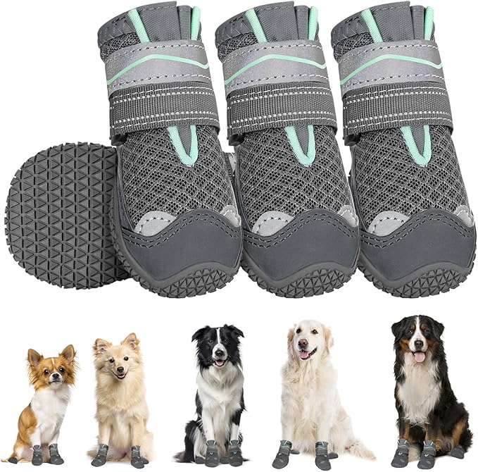 SlowTon Dog Shoes for Large Small Medium Dogs - Breathable Dog Boots for Summer Hot Pavement, Paw Protector for Outdoor Walking Winter Snow, Anti-Slip Rubber Dog Booties for Hardwood Floor (GY, 1)