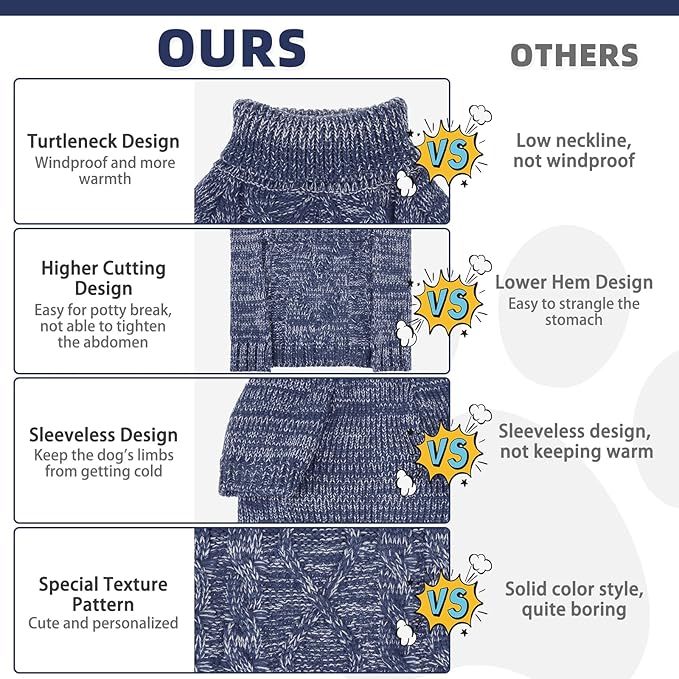 KOOLTAIL Dog Sweater for Large Medium Small Dogs, Fall Dog Sweaters, Turtleneck Cable Knitwear Pet Cold Weather Coats with Leash Hole, Warm Winter Pullover Clothes for Bulldog, Yorkie,Boy Girl, Navy M