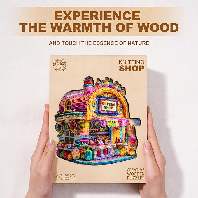 KAAYEE Wooden Puzzles for Adults, Knitting Shop Jigsaw Puzzles, 90 Piece Unique Shape Puzzle, Creative Gifts for Adults/Friends/Family, Family Game，Wall Decor(8.5 * 8.3in)