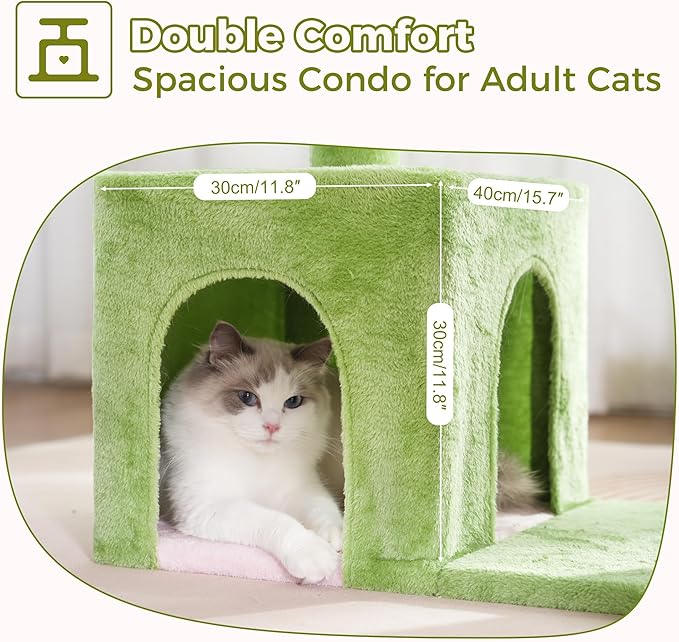 Flower Cat Tree 34 Scratching Post Small Cat Tower for Large Cats, with 15.7”Large Hammock, Removable Top Bed and Wide Condo for Indoor Cats-Pink and Green