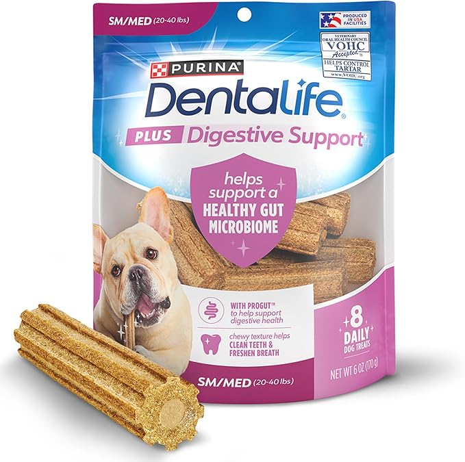 Dentalife Plus Digestive Support Dog Treats for Small and Medium Dogs 20-40 lbs., Cleans Teeth, Freshens Breath, & Supports Healthy Gut, Chicken & Pumpkin Flavor, 6 oz., 8 Chews - 6 oz. Pouch