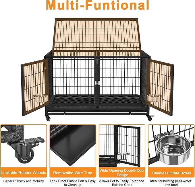 48/43 inch Heavy Duty Dog Crate for Large Dogs, Stackable Dog Kennels and Metal Wire Cages with Feeding Bowls, Leak-Proof Pans, Removable Wire Trays and Divider, Extra Large XL XXL