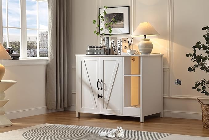 Large Cat Litter Enclosure with Litter Collector, Enclosure for self-Cleaning Litter Boxes,Adjustable Shelf for Dog Proof,Charging Station,Locks Added for cat,Cat House,Cloud White