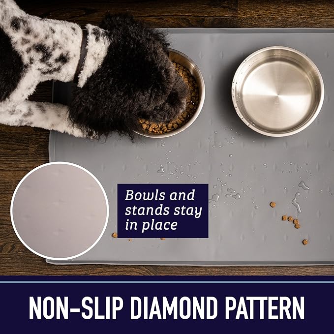 Leash Boss Dog Food Mat - Waterproof Cat & Dog Bowl Mat for Food and Water, Silicone Pet Feeding Mats for Floors, Non-Slip Placemat with High Edges, Puppy Essentials (Small: 18"x11", Navy)
