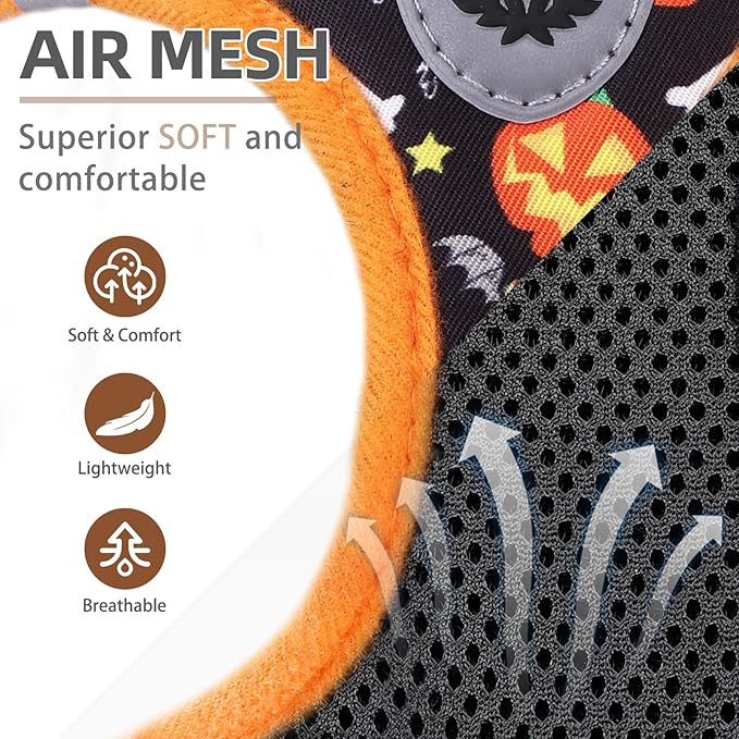 PUPTECK Adjustable Dog Harness Collar and Leash Set Step in No Pull Pet Harness for Small Medium Dogs Puppy and Cats Outdoor Walking Running, Soft Mesh Padded Reflective Vest Harnesses, Halloween, M