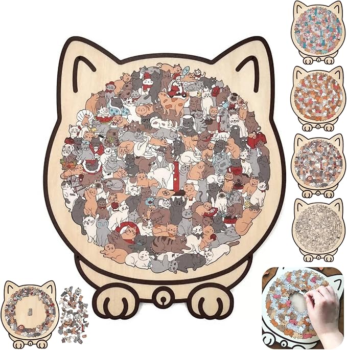 135-Piece Colored Cat Shaped Wooden Jigsaw Puzzle for Adults, Cats Shaped Wooden Puzzle, Unique Animal Pieces, CreativePuzzle Gifts for Cats Lovers or Puzzle Fans, Home Decor & Gift (Morandi)