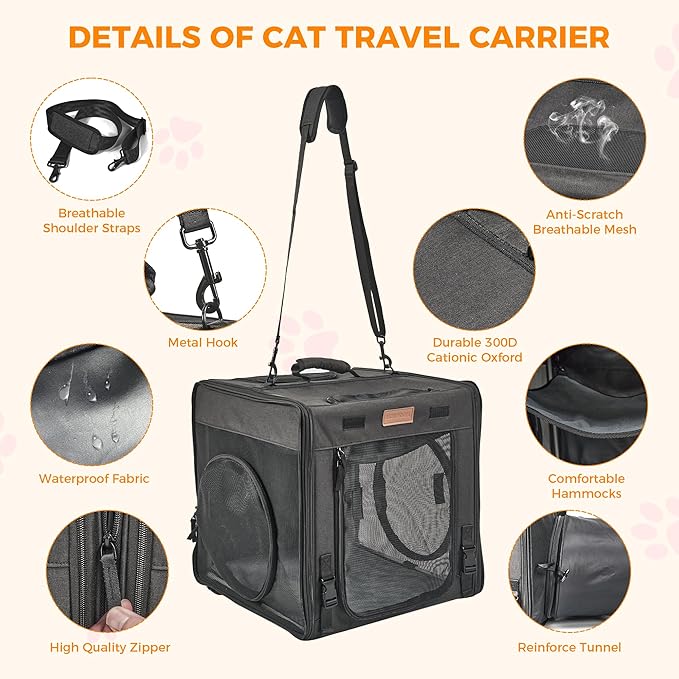PETUX 2-in-1 Double Cat Carrier for Multiple Cats - 34"x17"x17", Portable, Foldable, Large Cat Travel Carrier with Litter Box, Play Tunnels and Hammock for Car Travel ＆ Vet Visit - Black