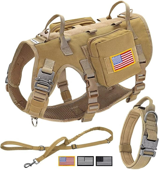 Forestpaw Tactical Dog Harness for Large Dogs,Tactical Dog Collar with Bungee Leash Set,No Pull Military Dog Harness for Walking Training,Adjustable for Medium Large Dogs,Khaki,Chest 21.5-45"
