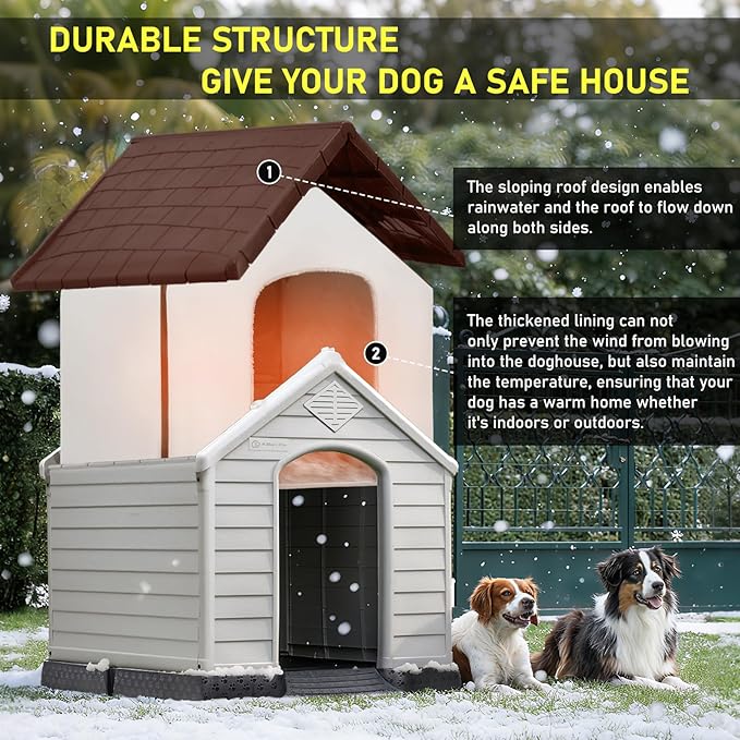 LEMBERI Durable Waterproof Plastic Dog House for Small to Large Sized Dogs, Indoor Outdoor Doghouse Insulated Puppy Shelter with Elevated Floor, Easy to Assemble (Brown with Liner, 42''L*38''W*39''H)