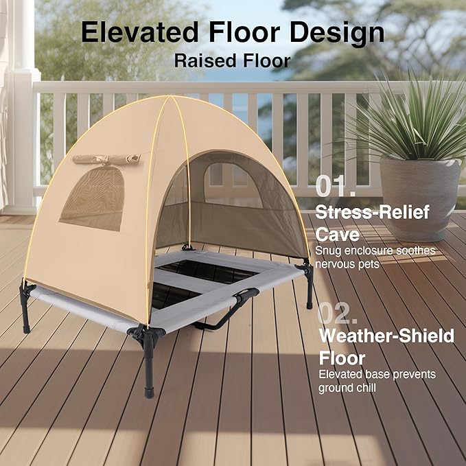 Elevated Outdoor Dog Bed with Canopy – Cooling Camping Tent, Removable Shade, Off-Ground Cot, Medium