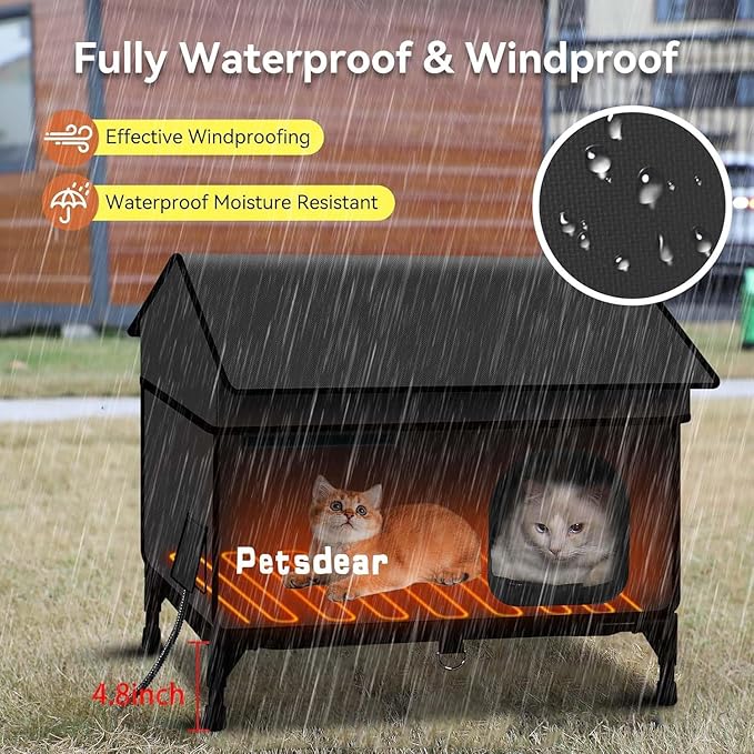 Heated Outdoor Cat House - Large, Weatherproof & Insulated for Multiple Cats (Black)