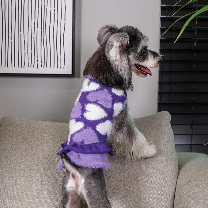 CuteBone Purple Heart Dog Sweater Dress for Small Dogs Girl, Soft and Stretchy Dog Sweater for Medium Large Dogs, Pullover Pet Winter Clothes Ruffle Dress Cat Apparel DS101XL