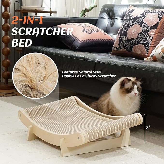PETKARAY Inclined Sisal Cat Scratcher Bed, Curved Wooden Cat Hammock Chair, Large Scratch Pad for Indoor Cats, Cozy Cat Furniture Lounge, 24x14.5x8 inches