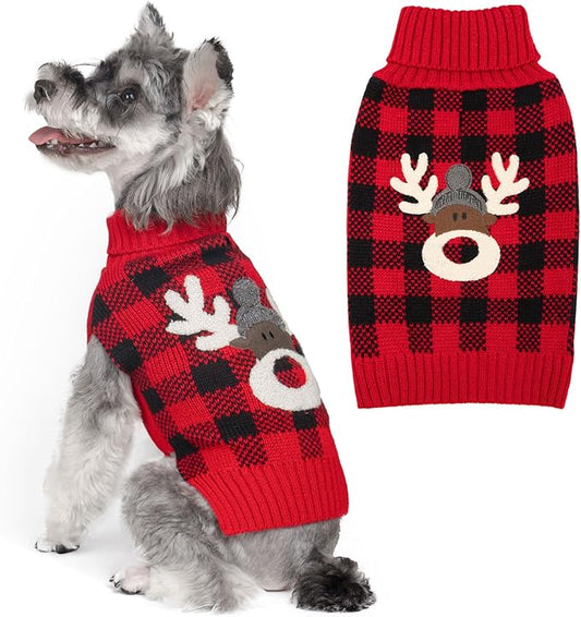KYEESE Dog Christmas Sweater with Reindeer Pattern, Warm Holiday Outfit,Red Buffalo Plaid Knitwear, Turtleneck Dog Sweater for Small Dogs with Leash Hole, Soft Cozy Puppy Clothes, X-Small