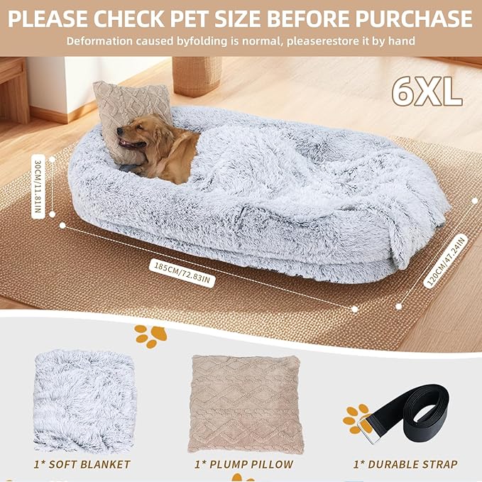 Human Dog Bed, 71''x45''x12'' Size Fits Adult and Pet Washable Giant People DogBed 10 CM Thick Memory Foam Large Oversize Dog Bed with Plump Pillow, Blanket, Strap - Grey