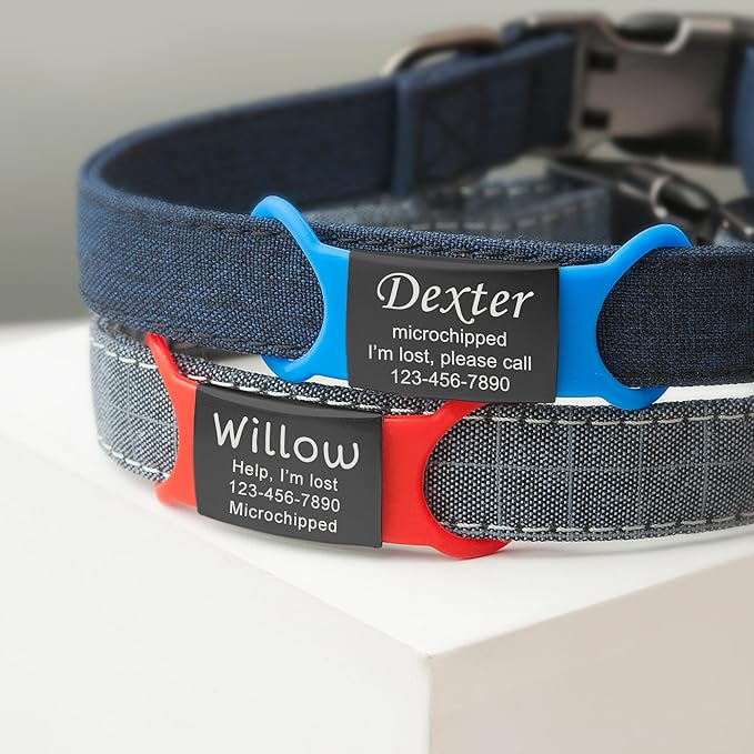 Anavia Slide On Silent Pet ID Tags, S/M/L/XL Personalized Black Stainless Steel Colored Silicone Cat Dog Name Tag, Customized Engraved Nameplate, Quiet Chew-Proof Pet Collar Tag (Blue, Small)