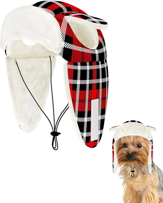 PET SHOW Dog Trapper Hat Winter Hat for Extra Small Dogs Cats Christmas Warm Fleece Aviator Hats with Ear Flaps Adjustable Outdoor Boy Puppy Pet Pilot Costume Cap XS-Red Plaid/with Ear Holes