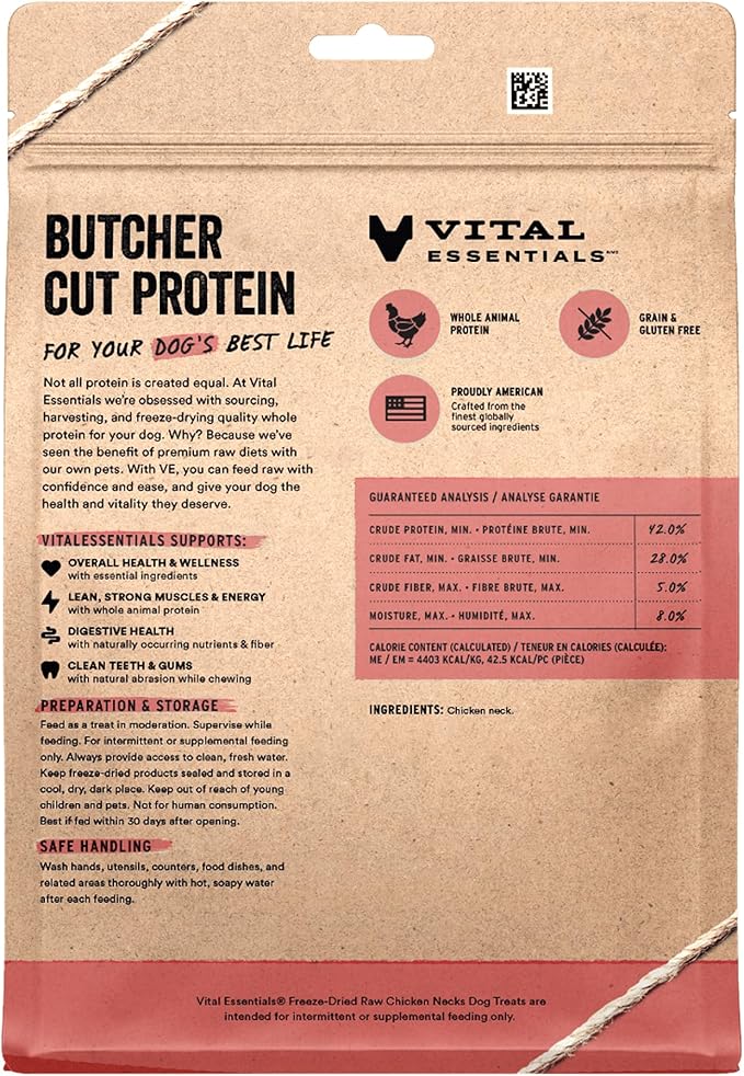 Vital Essentials Single Ingredient Chicken Necks Dog Treats, 9 oz | Freeze-Dried Raw | Premium Quality High Protein Training Treats | Grain Free, Gluten Free, Filler Free