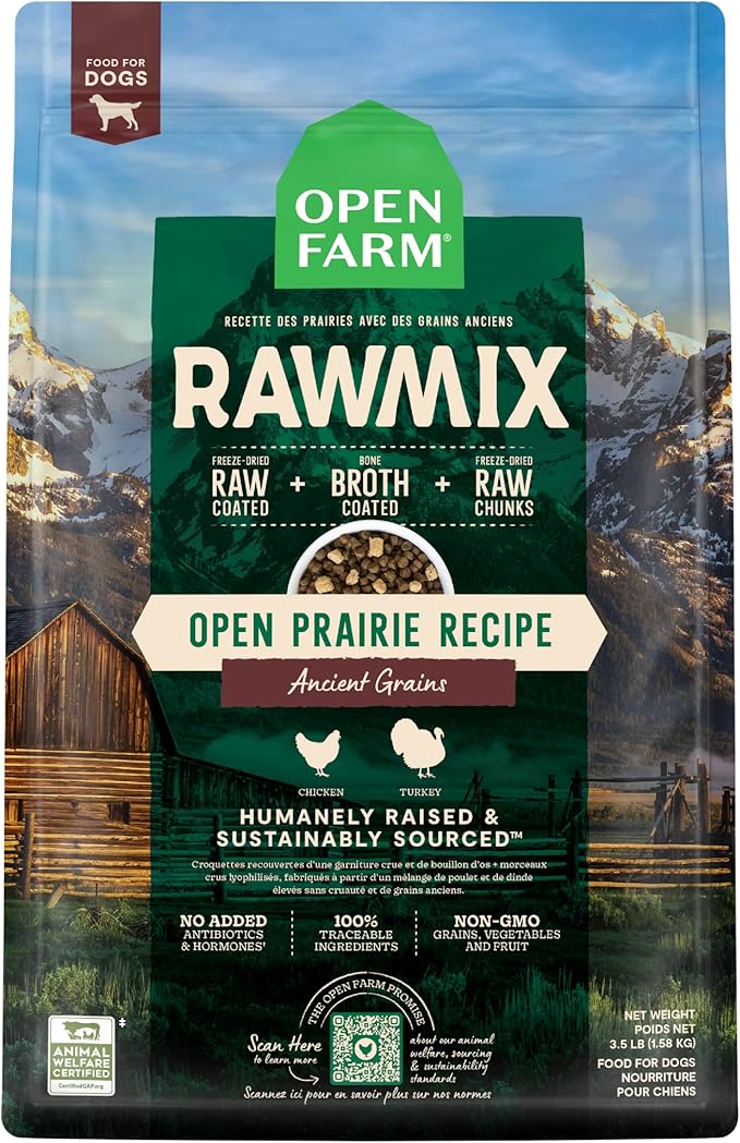 Open Farm, RawMix Dry Dog Food with Ancient Grains, Protein-Packed Kibble Coated in Bone Broth with Freeze Dried Raw Chunks, Chicken & Turkey, Open Prairie Recipe, 3.5lb Bag