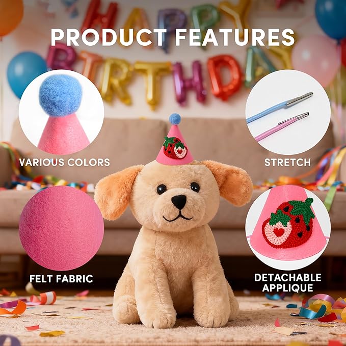 12pcs Mini Party Hats for Stuffed Animals, Small Colorful Birthday Hats with Cute Fruit Knitted Applique for Dolls Dogs Cats Rabbits, Birthday Party Decoration Supplies