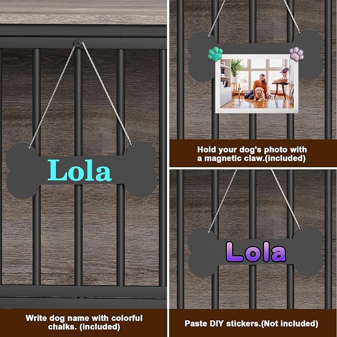 EasyCom Foldable Dog Crate Furniture, 41.3" Dog Crates for Medium/Large Dogs, Wooden Dog Kennel Indoor with Tag & Adjustable Bowls, Dog Cage Use as End Table/TV Stand, Oak Grey