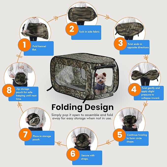 Beatrice Home Fashions Portable, Collapsible, Pop Up Kennel Travel Cat and Dog Crate, 36" L x 22" W x 22" H, Camo Green