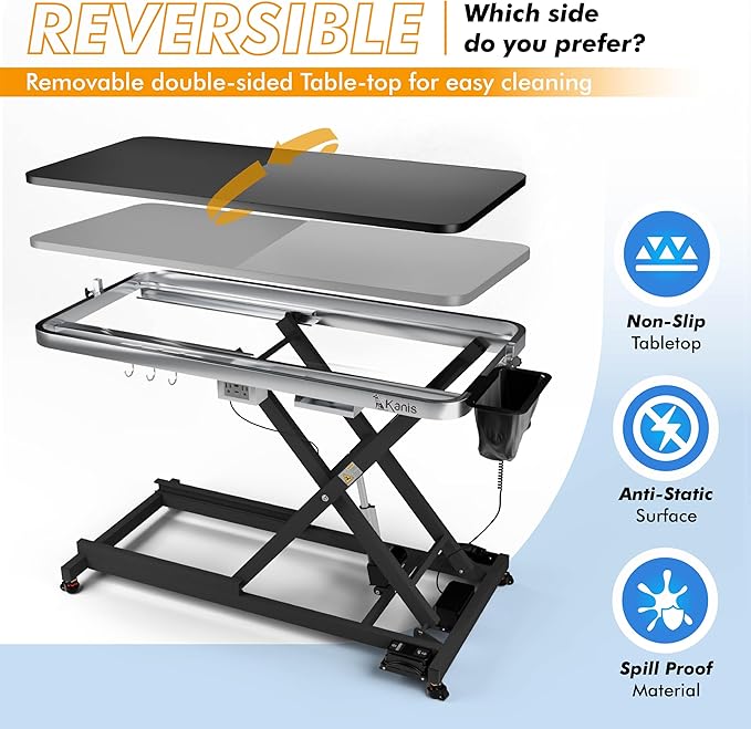 KANIS Professional Electric Dog Grooming Table - Heavy Duty, Height Adjustable Pet Grooming Table w/Leveling Wheels, Grooming Arm, Anti Slip Tabletop & Tool Organizer/Dog Grooming Station (60", BLACK)