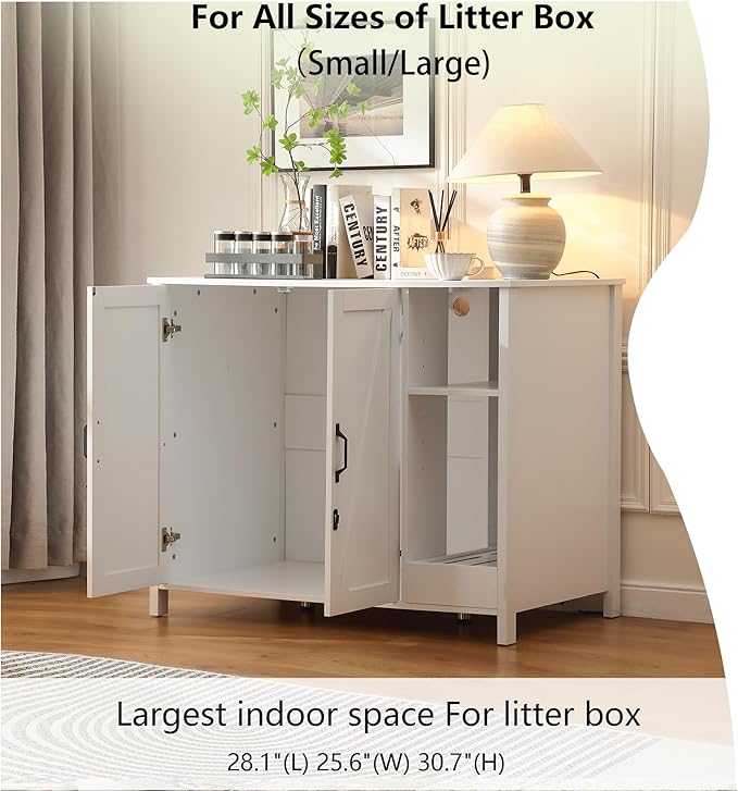 Large Cat Litter Enclosure with Litter Collector, Enclosure for self-Cleaning Litter Boxes,Adjustable Shelf for Dog Proof,Charging Station,Locks Added for cat,Cat House,Cloud White