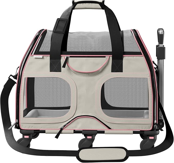 Katziela Pet Carrier - Airline Compliant Dog Carrier - TSA Approved Pet Carrier for Small Dogs and Cats - Soft FAA Travel Airplane Dog Carrier Luggage (Gray/Pink-6 Wheels)