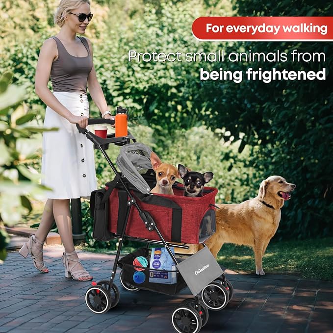 2-in-1 Foldable Pet Stroller with Canopy, 4 Wheels Pet Strolling Cart for Small/Medium Dogs and Cats with Removable Carrier,Breathable Mesh,Mom Tote Bag,Cup Holders,Easy Assembly,Grey+Red