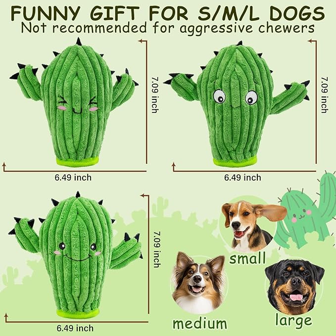 No Stuffing 3 Pack Squeaky Dog Toys- 2 in 1 Interactive Plush Dog Toy- Cactus Shaped Rip and Reveal Toy for Puppies-Indoor & Outdoor Play Training & Toss & Play