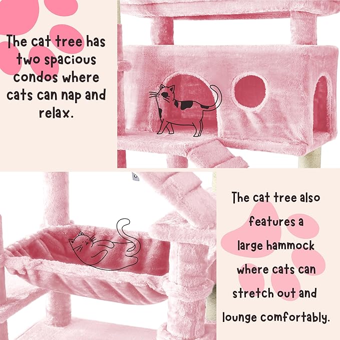 Cat Tree,80-Inch Large Cat Tower with 9 Scratching Posts, 2 Perches, 2 Caves, 2 Basket, 2 Stairs,Extra Large Hammock, Pompoms, Multi-Level Plush Cat Condo for Indoor Cats (Pink)
