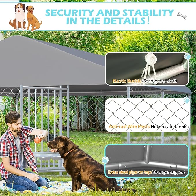 Erinnyees 10FT x 10FT Outdoor Dog Kennel with Roof, Dog Kennel Outside Dog Run Fence, Large Dog House Pen Enclosure with Secure Lock and Textilene Door