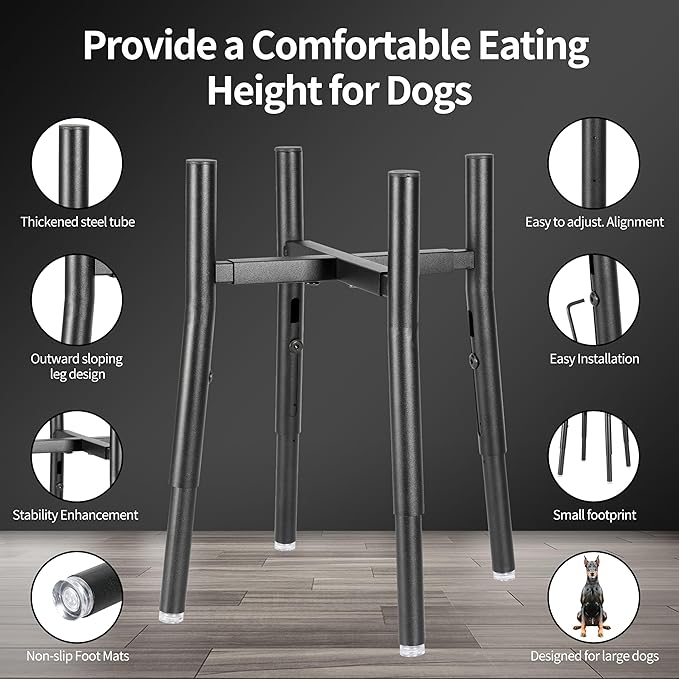 Raised Single Dog Bowl Stand, Adjustable 12-16" Tall, Elevated Dogs Food Bowl Stand for 8-12" Wide Bowls, Dog Bowl Holder for Medium Large - Metal Pets Dish Holder Only - Black