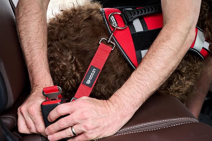 Support Pets Adjustable Pet Seatbelt – Red Car Safety Harness Clip for Dogs & Support Animals – Durable Nylon Travel Restraint – Vehicle Seatbelt Buckle Attachment for Secure Pet Travel