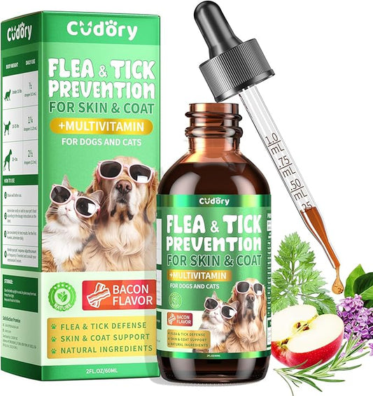 Oral Flea & Tick Prevention for Dogs and Cats, Natural Flea and Tick Defense Drops with Multivitamin for Pets - Supports Healthy Skin & Coat - Flea Herbal Drops All Breeds and Sizes - Bacon Flavor