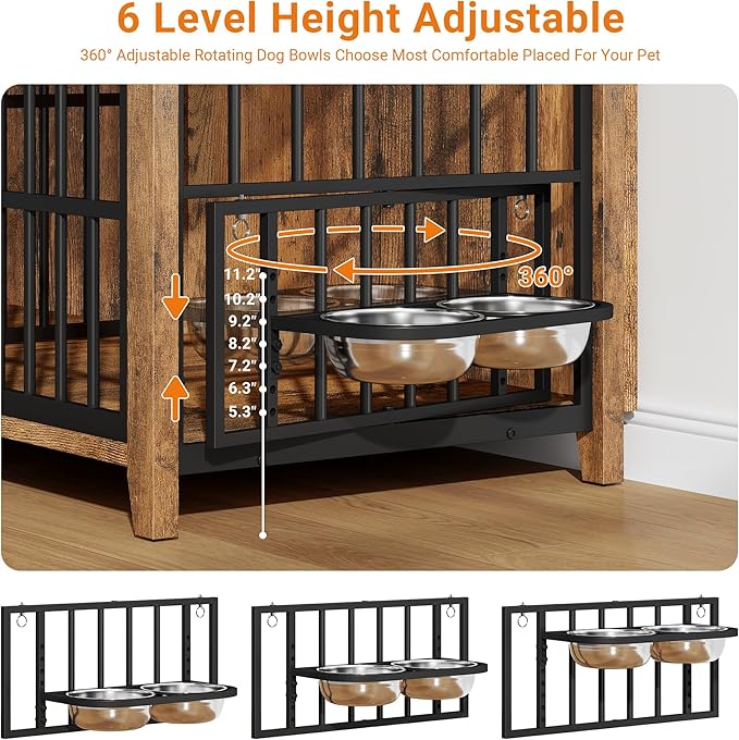 Lulive 78" Dog Crate Furniture for 1 Large or 2 Small/Medium, Extra Large Dog Kennel Indoor with Removable Divider & Adjustable Height Dog Bowls, Heavy Duty Wooden Double Dog Cage as TV Stand, Brown