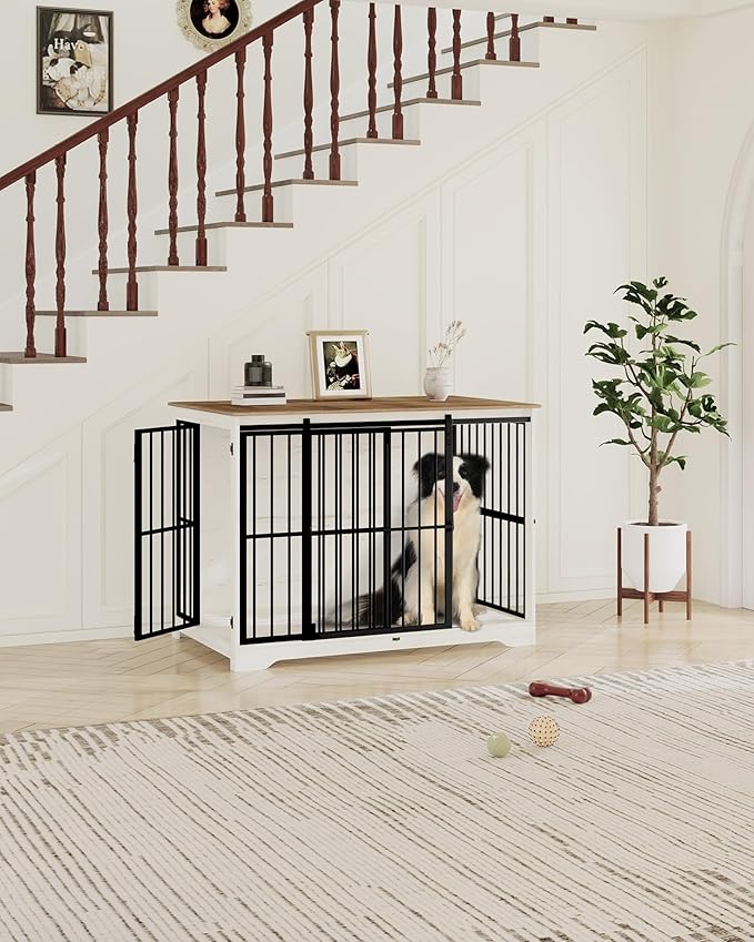 XXL Large Dog Crate Furniture, 46.9" Indoor Dog Kennel Furniture with Barn Door, Wooden Tall Dog Crate, Heavy Duty Dog Cage for Large Dogs, Side End Table, Anti-Chew, White Brown DFC83814B