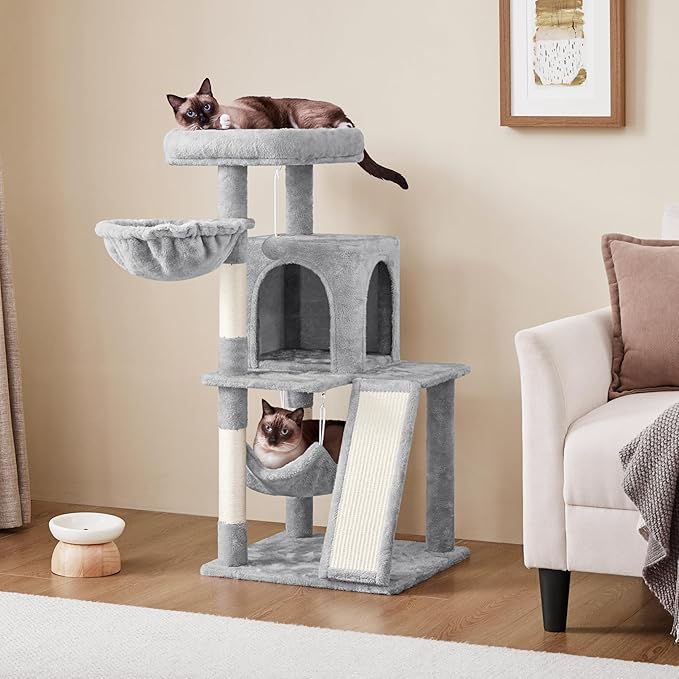 Yaheetech Cat Tree Tower, 40-Inch Condo with Hammock, Oversized Soft Platform, Scratching Board, Basket, Pet Beds & Furniture for Large Kittens, Light Gray