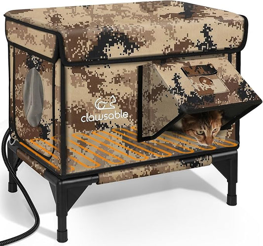 Indestructible Heated Cat House for Outside Winter, 100% Waterproof, Safe Escape Door, Insulated Outdoor Cat Shelter with Heater for Feral Barn Cat Kitty (Desert Camouflage, 12"x16"x18")