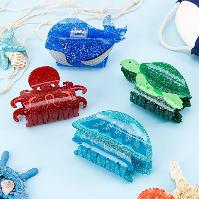 4PCS Sea Animals Hair Clips for Women Girls Large Ocean Hair Claw Marine Life Under the Sea Turtle Whale Octopus Jellyfish Beach Hair Accessories with Sturdy Grip Keep Hairstyle for Thick or Thin Hair