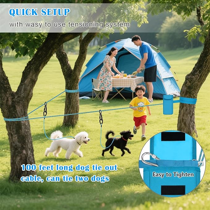 Upgraded Dog Tie Out Cable for Camping, 100FT Portable Trolley System for 2 Dogs, Knot-a-Hitch Dogs Hitching System up to 250lbs, Dog Runner for Yard Camping Training Running Hiking Outdoor