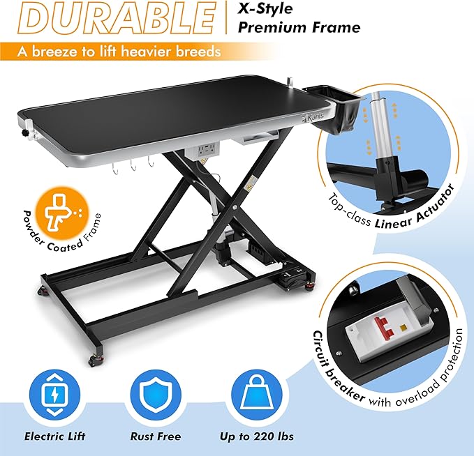 KANIS Professional Electric Dog Grooming Table - Heavy Duty, Height Adjustable Pet Grooming Table w/Leveling Wheels, Grooming Arm, Anti Slip Tabletop & Tool Organizer/Dog Grooming Station (49", BLACK)