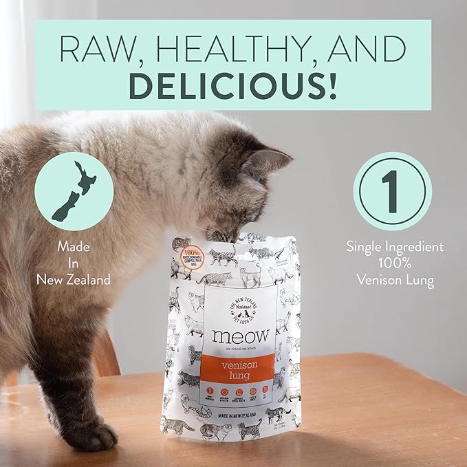 The New Zealand Natural Pet Food Co Meow Air Dried Cat Treats - Venison Lung, High Protein, Healthy Cat Snacks and Toppers, All Natural for All Life Stages, 1.76 oz