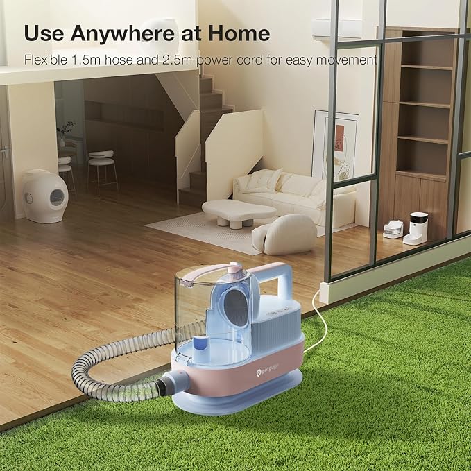 Dog Grooming Vacuum Kit with Clippers, 7-in-1 Pet Hair Grooming Set for Dogs, Hair Dryer with 3 Heat Settings, 11000Pa Suction, 2.5L Dustbin(Powder Blue & Pink)