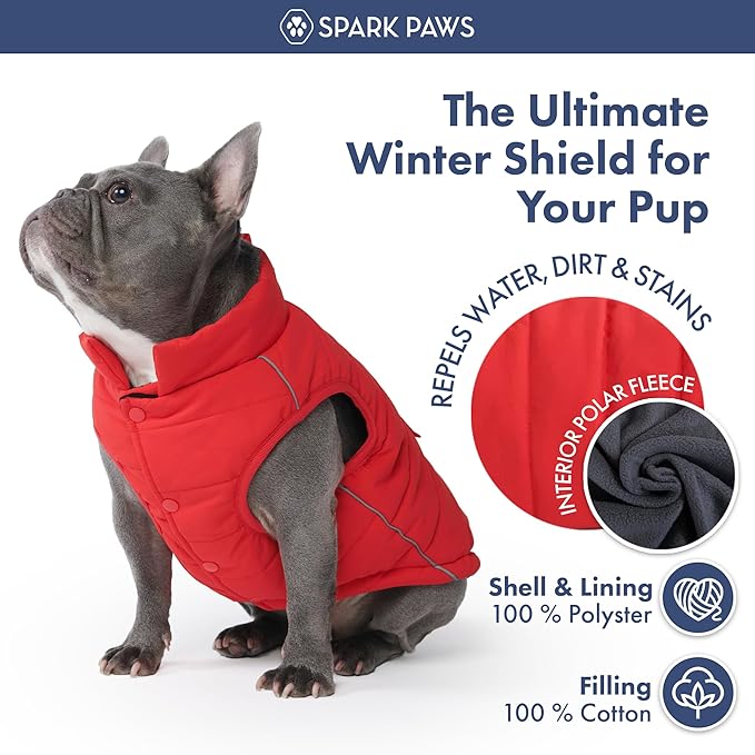 Spark Paws Dog Winter Jacket, Water-Resistant Coat, Warm Reflective Windproof Fleece-Interior, for Medium and Large Dogs - Red - S