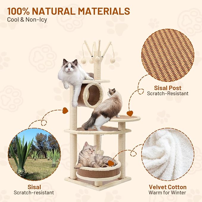 Rattan Cat Tree House with Scratching Post,Wicker Basket,Bed,and Stand Modern Cat Climbing Tower Condo for Indoor Large Adult Cat